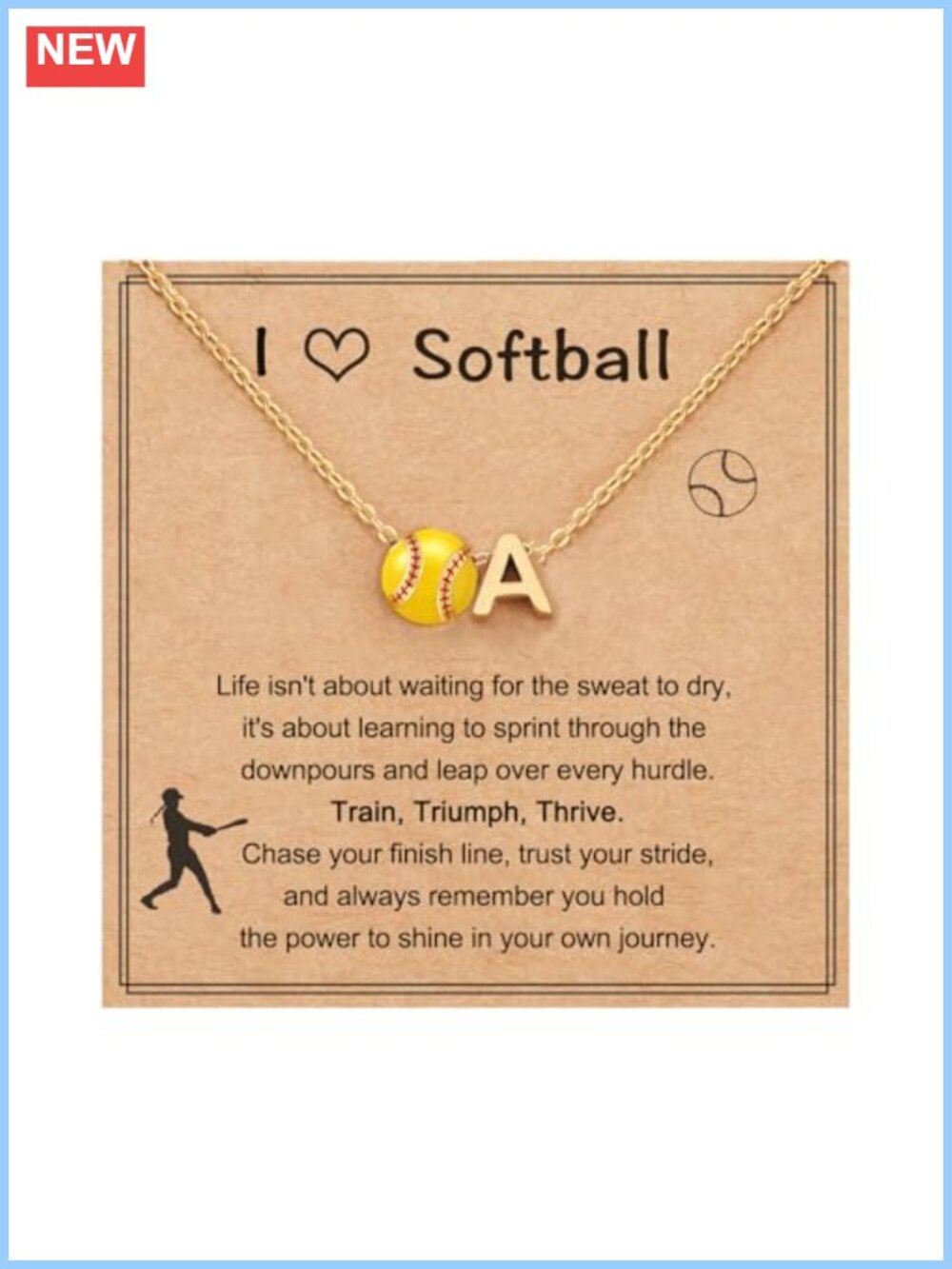 Personalized Softball Pendant Necklace Initial A-Z Brass Stainless Steel